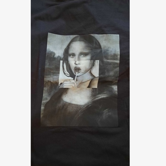 Black Oversized Tee Crewneck Short Sleeve Printed Black White Appliqué Mona Lisa - Picture 8 of 9